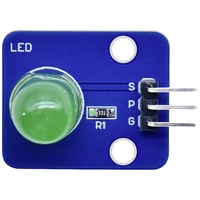 Grünes LED-Modul mit drei Anschlussstiften markiert als S, P und G. Hauptbestandteil des elektronischen Schaltkreises.